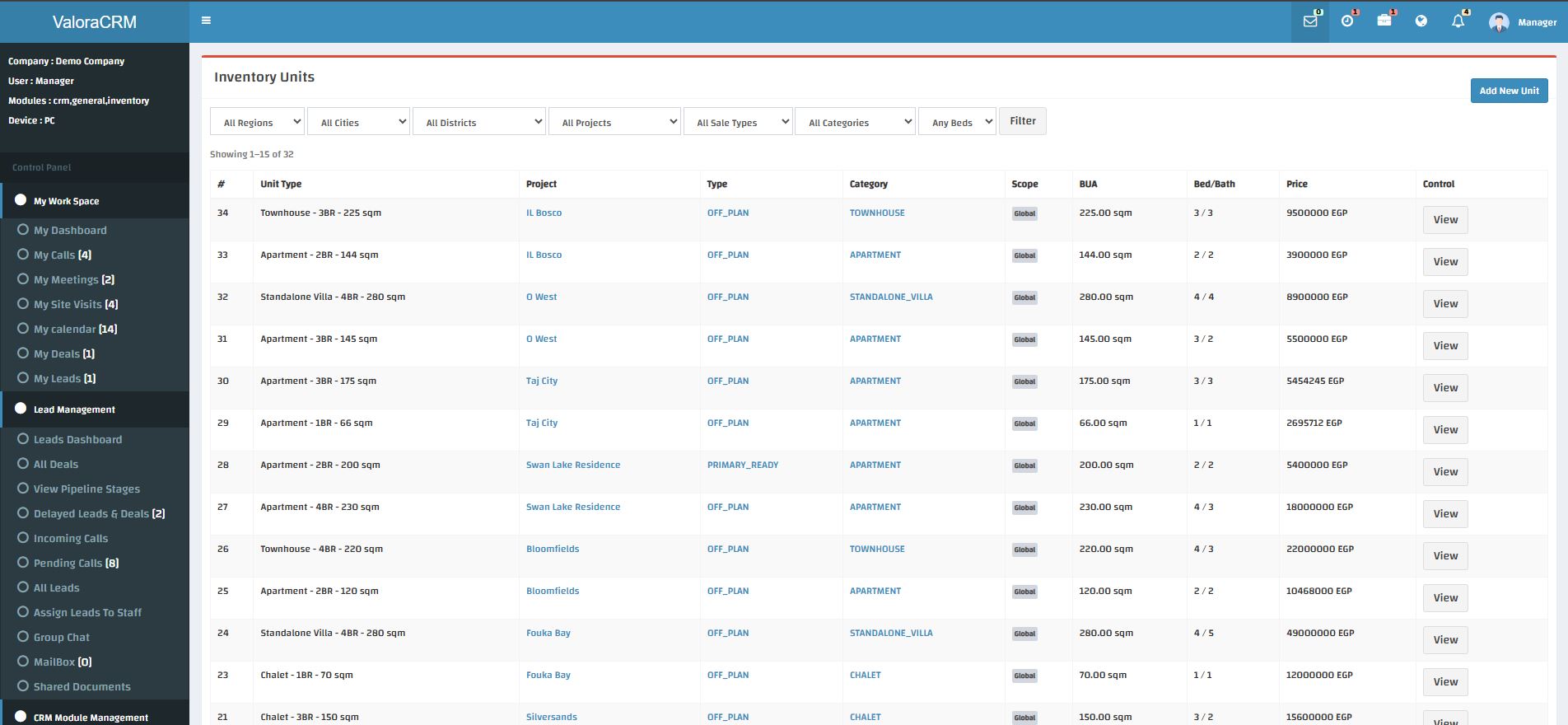 ValoraCRM property inventory list with units, projects and pricing