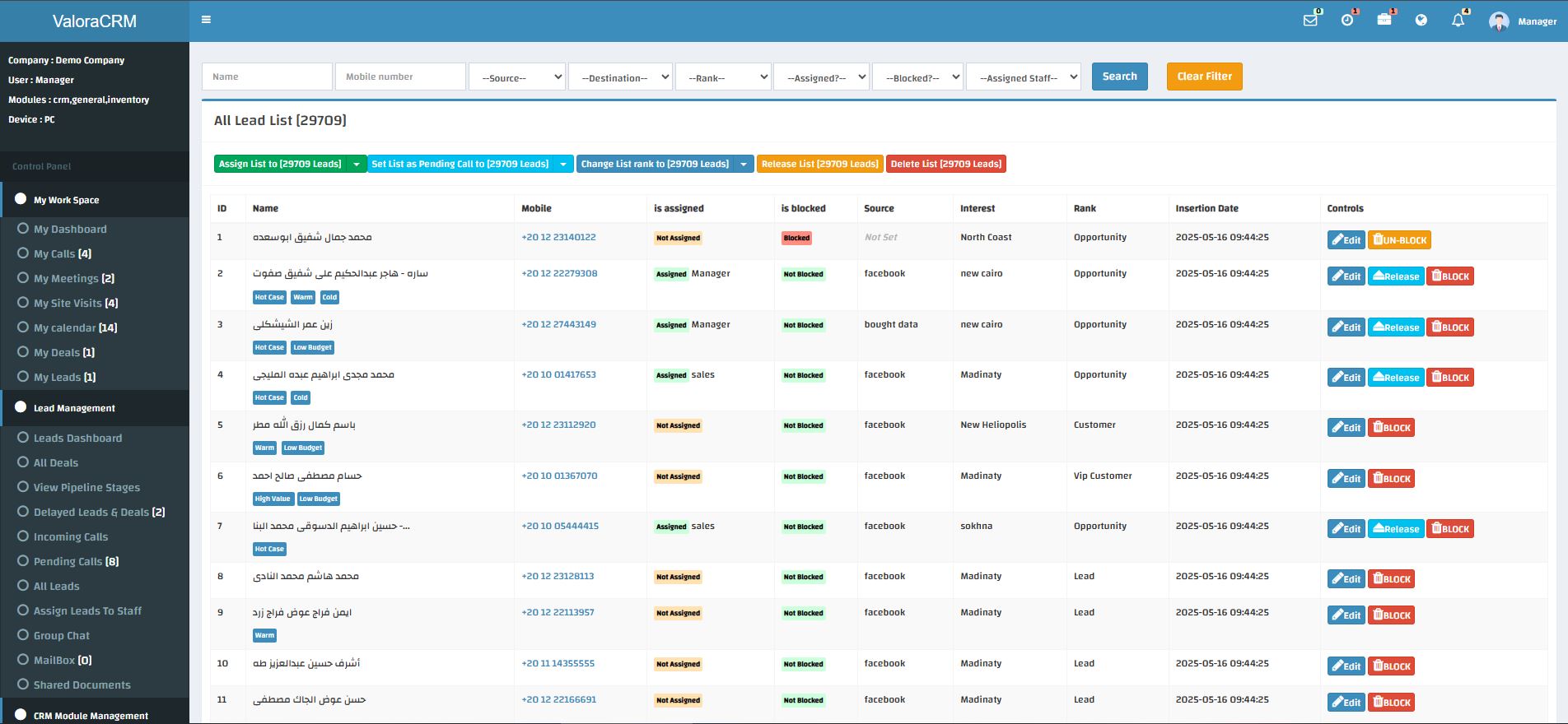 ValoraCRM all leads list with filters, tags and bulk assignment actions