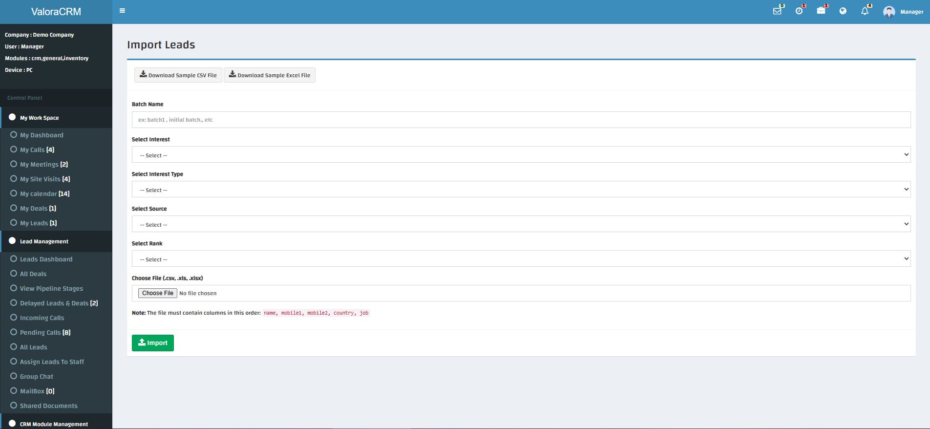 ValoraCRM lead import screen with batch name, interest, source and rank tagging, and file upload