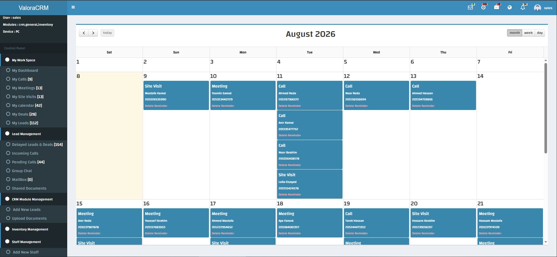 ValoraCRM monthly calendar with color-coded calls, meetings and site visits