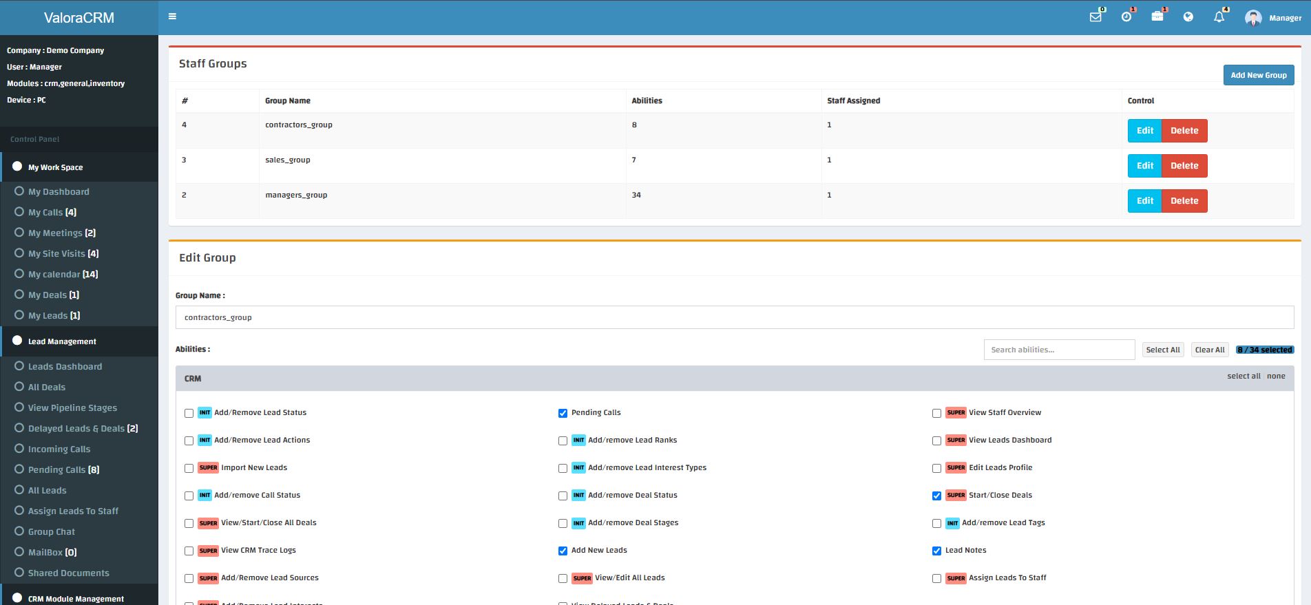 ValoraCRM staff groups screen showing granular, per-ability permission checkboxes grouped by CRM module