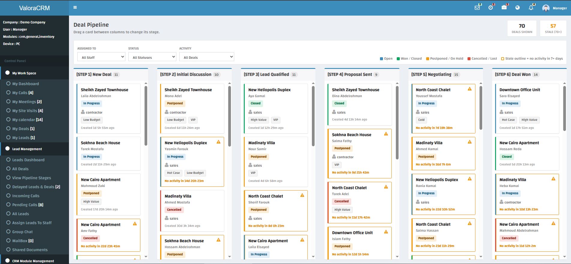 ValoraCRM drag-and-drop deal pipeline board with six stages