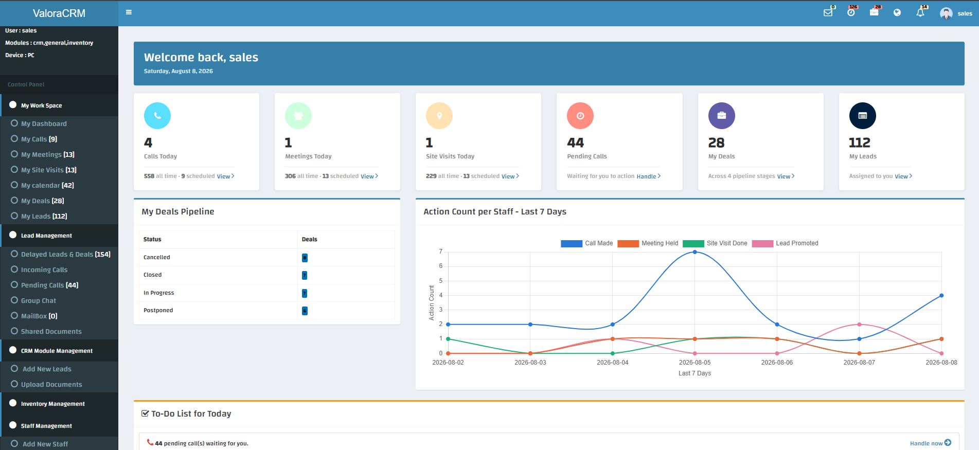 ValoraCRM personal staff dashboard with today's calls, meetings, site visits, pending calls, deals and leads stat cards